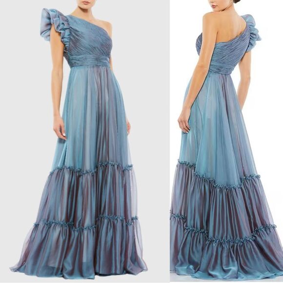 Nwt Mac Duggal Organza One Shoulder Pleated Tiered Ruffle Gown Fusion Blue Dress - Picture 1 of 11